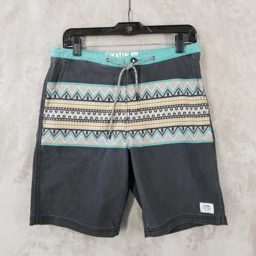 Vtg Katin Surf Trunks Men 30 Gray Geometric Print‎ Swim Board Shorts Drawstring